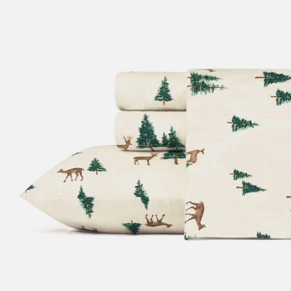 QUEEN Eddie Bauer Flannel 4pc Sheet Set Deer Woodsy Holiday Winter Pattern NEW